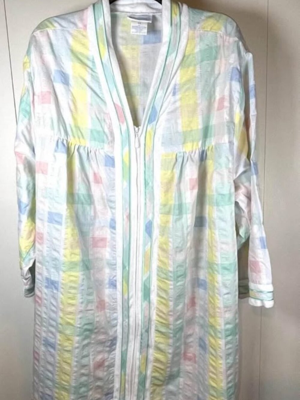 National VTG House Coat Dress Mumu Pastel Size 3X Grannycore Seersucker Zip Robe